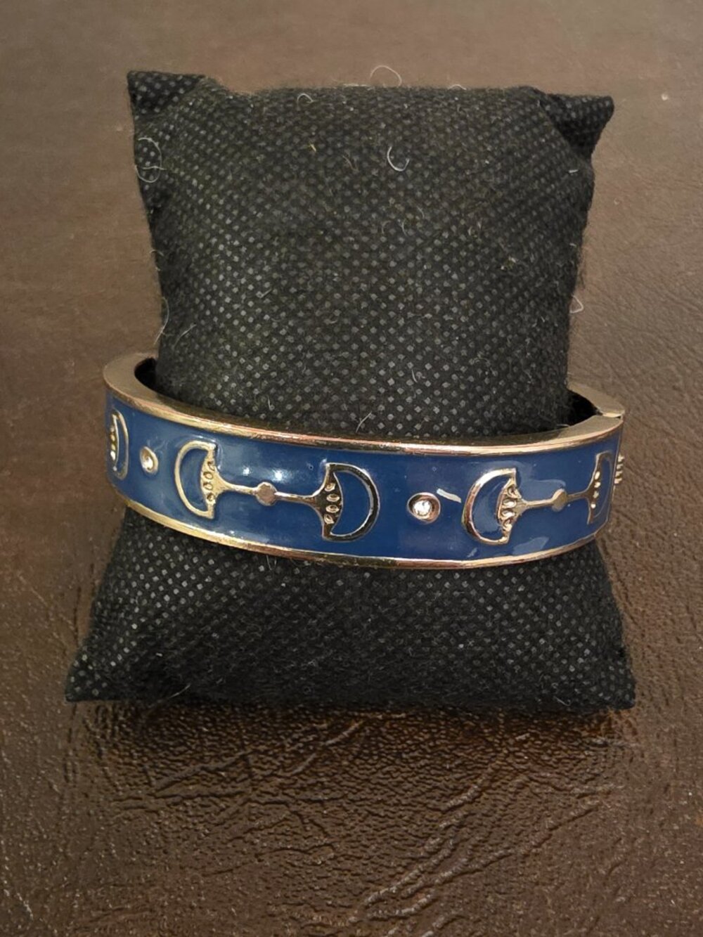 Fornash Gold Tone Hinged Bangle Bracelet in Navy Blue Enamel